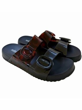 Melissa Cozy Buckle Black and Tortoise Size 10 Sandals Slides Slip - Ons EUC